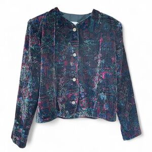 Vintage Velvet Blazer Floral Size 12 Made in Canada Made Collarless Jacket 80s